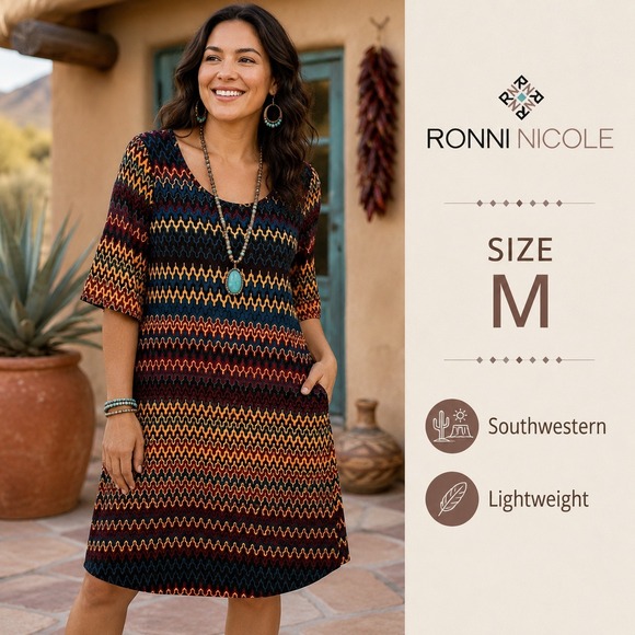 Ronni Nicole Dresses & Skirts - NEW‎ Ronni Nicole Zigzag Shift Dress Womens M Multi Geometric Bell Sleeve Office